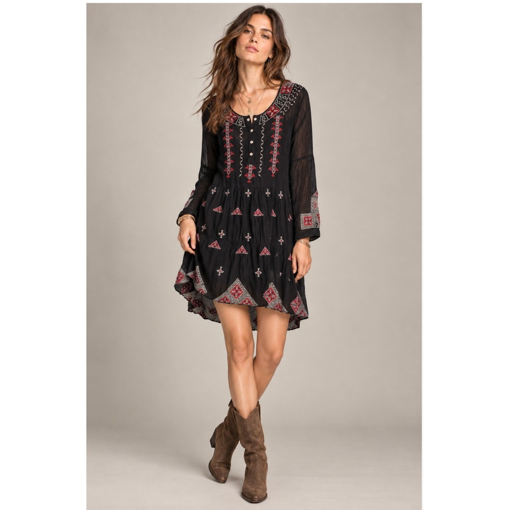 Johnny Was Ava Dress XS Black Embroidered Cotton Silk Tiered Boho 2 Piece Tunic